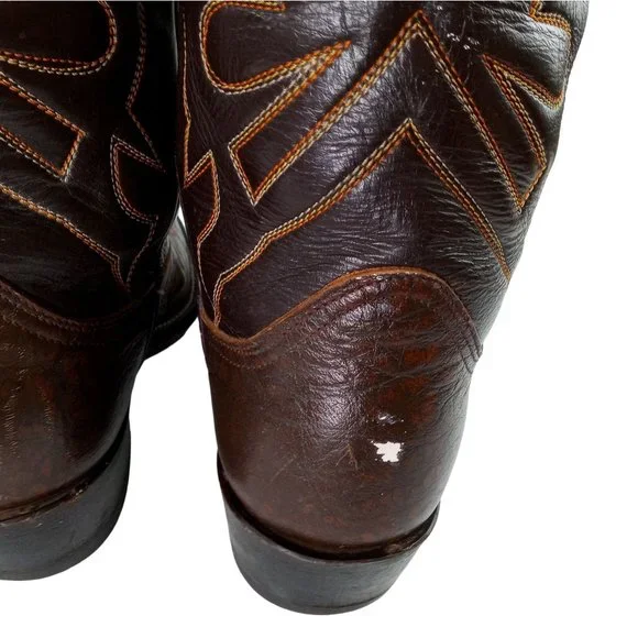 Tony Lama Cowboy Boots Brown Leather Mens 10.5 A Narrrow Width Vintage Western
